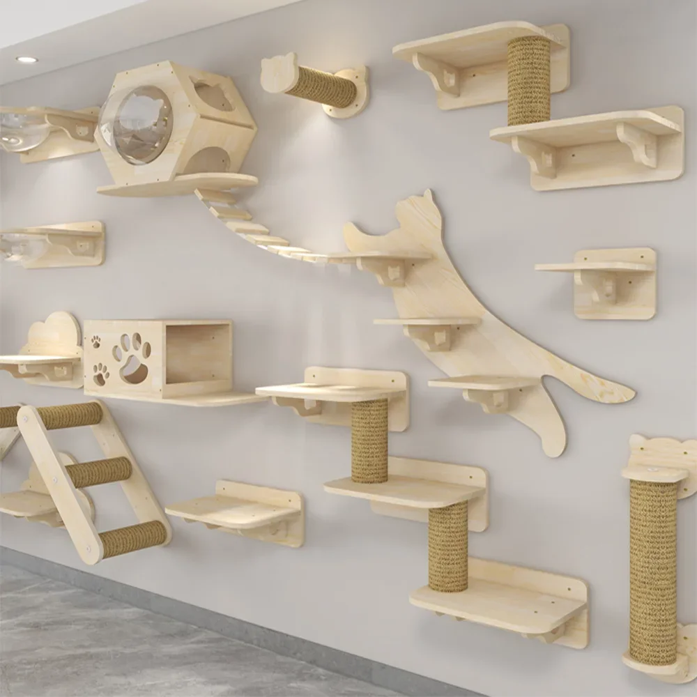 Cat Wall Climbing Shelves Hammock Wooden - Duvara Monte Masif Ahşap Kedi Tırmanma