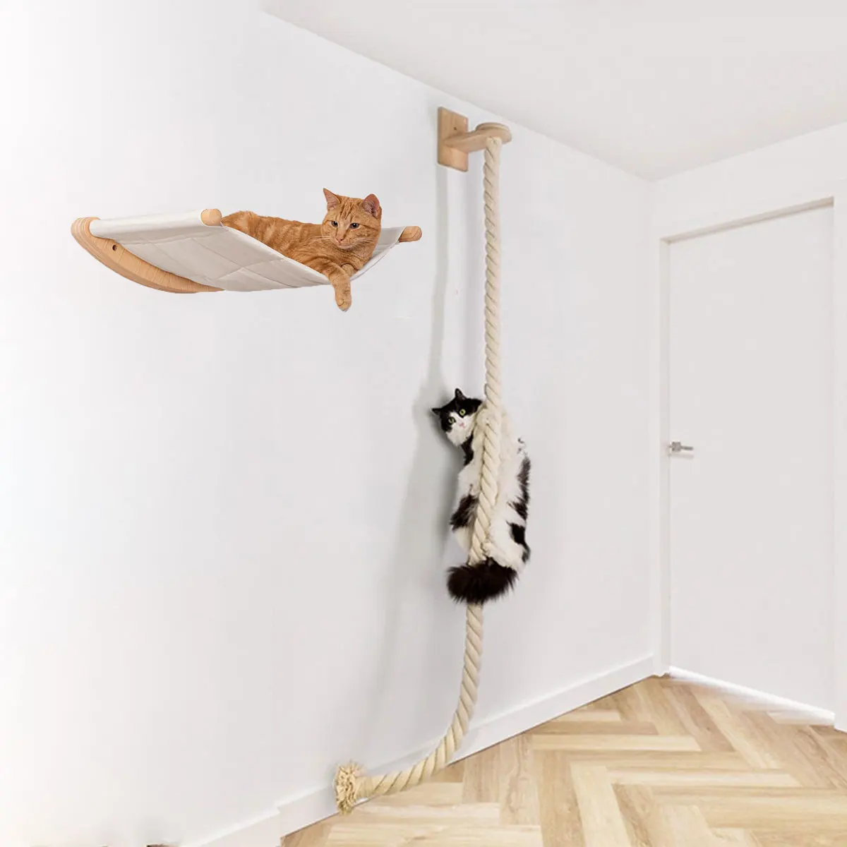 Cat Wall Climbing Shelves Hammock Wooden - Kedi Duvar Tırmanma Rafları Sisal Halat