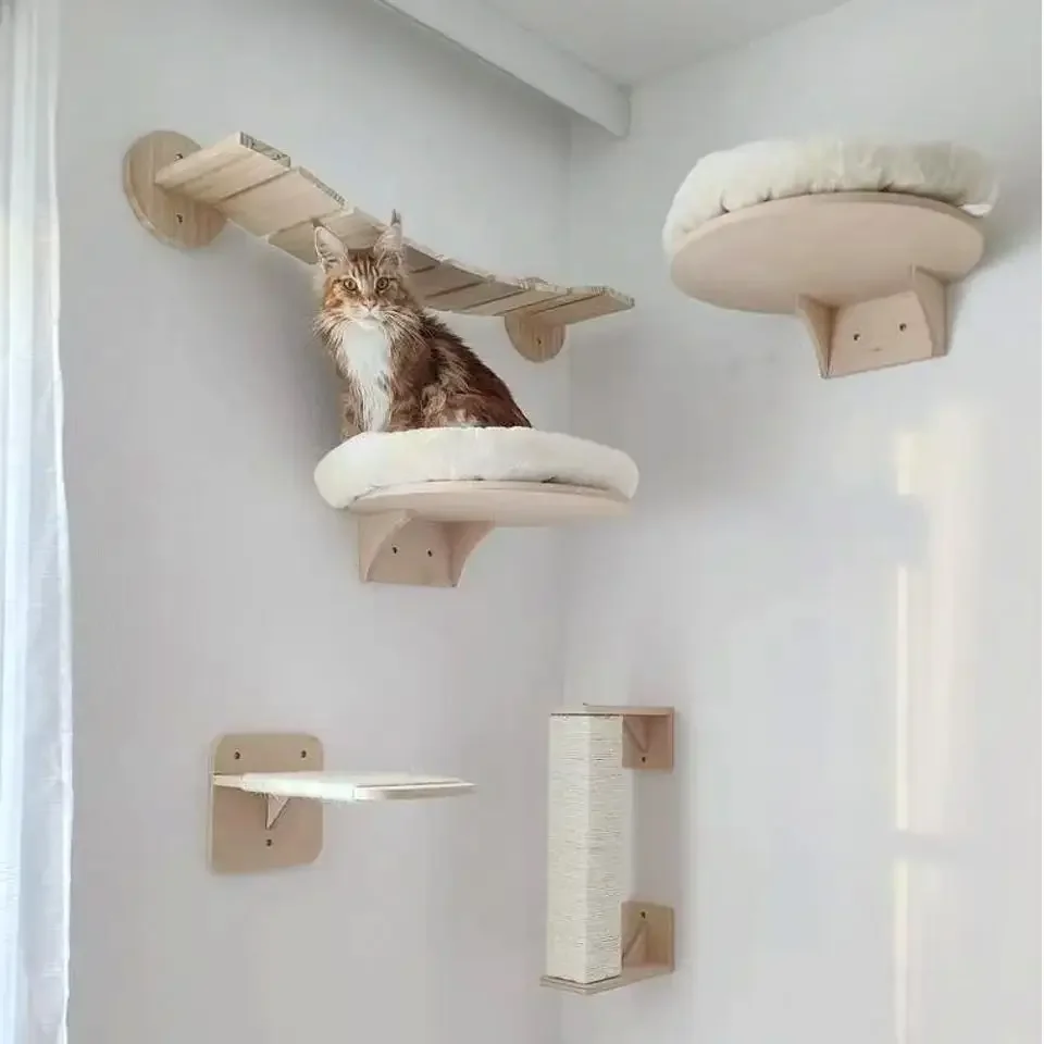 Cat Wall Climbing Shelves Hammock Wooden - Duvara Monte Kedi Tırmanma Rafları Kedi