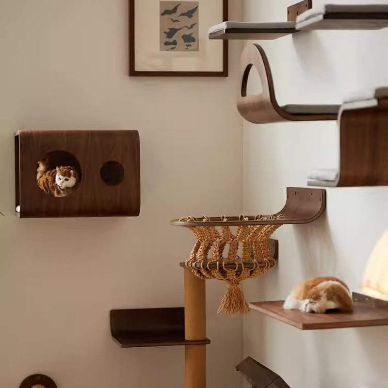 Cat Wall Climbing Shelves Hammock Wooden - Duvara Monte Edilen Uzay Kapsülü Evcil
