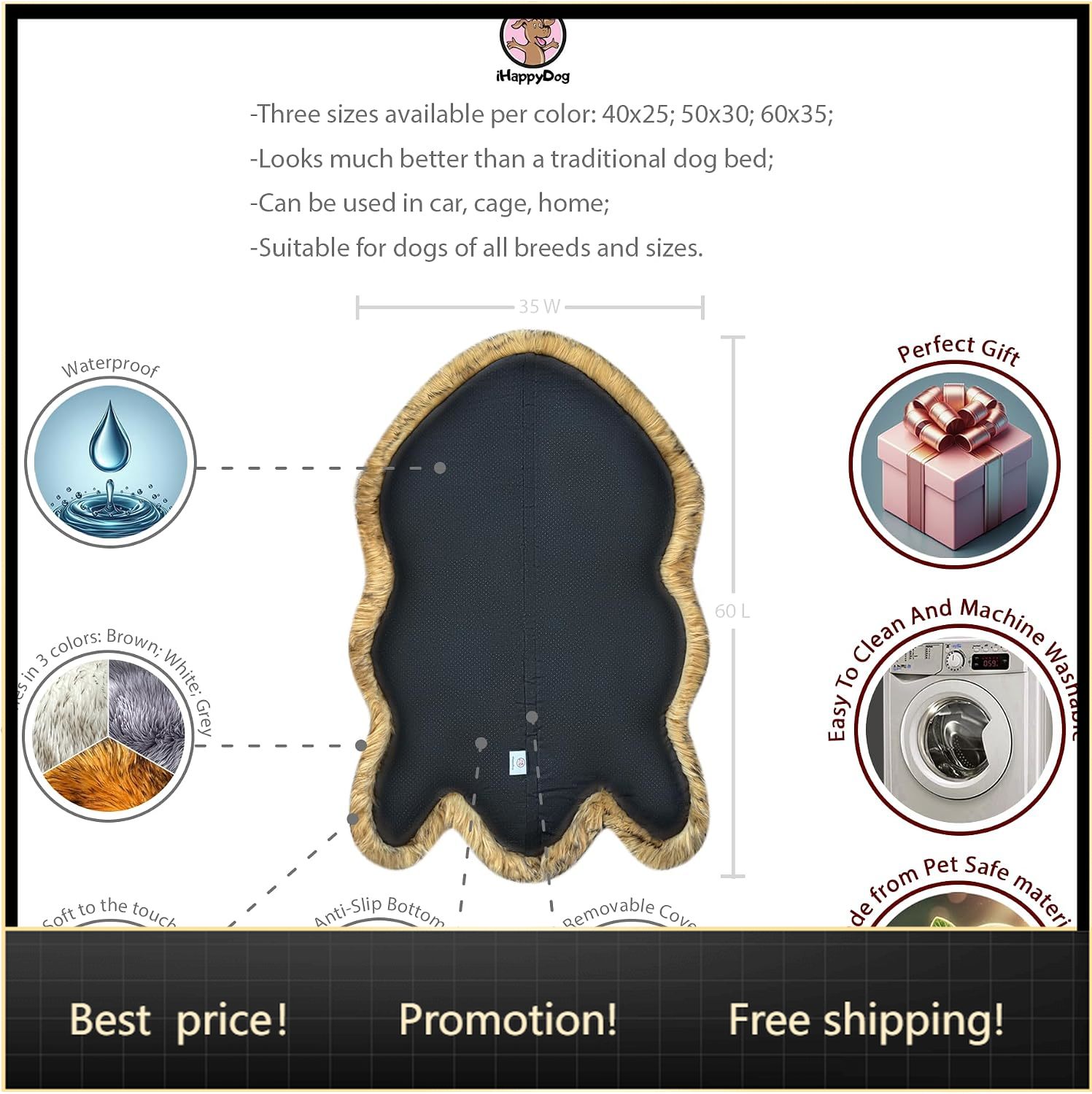 Orthopedic Memory Foam Dog Bed Washable - Suni Kürklü Ortopedik Köpek Yatağı, Hafızalı