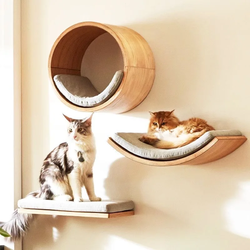 Cat Wall Climbing Shelves Hammock Wooden - Ahşap Kedi Tırmanma Rafları Duvara Monte